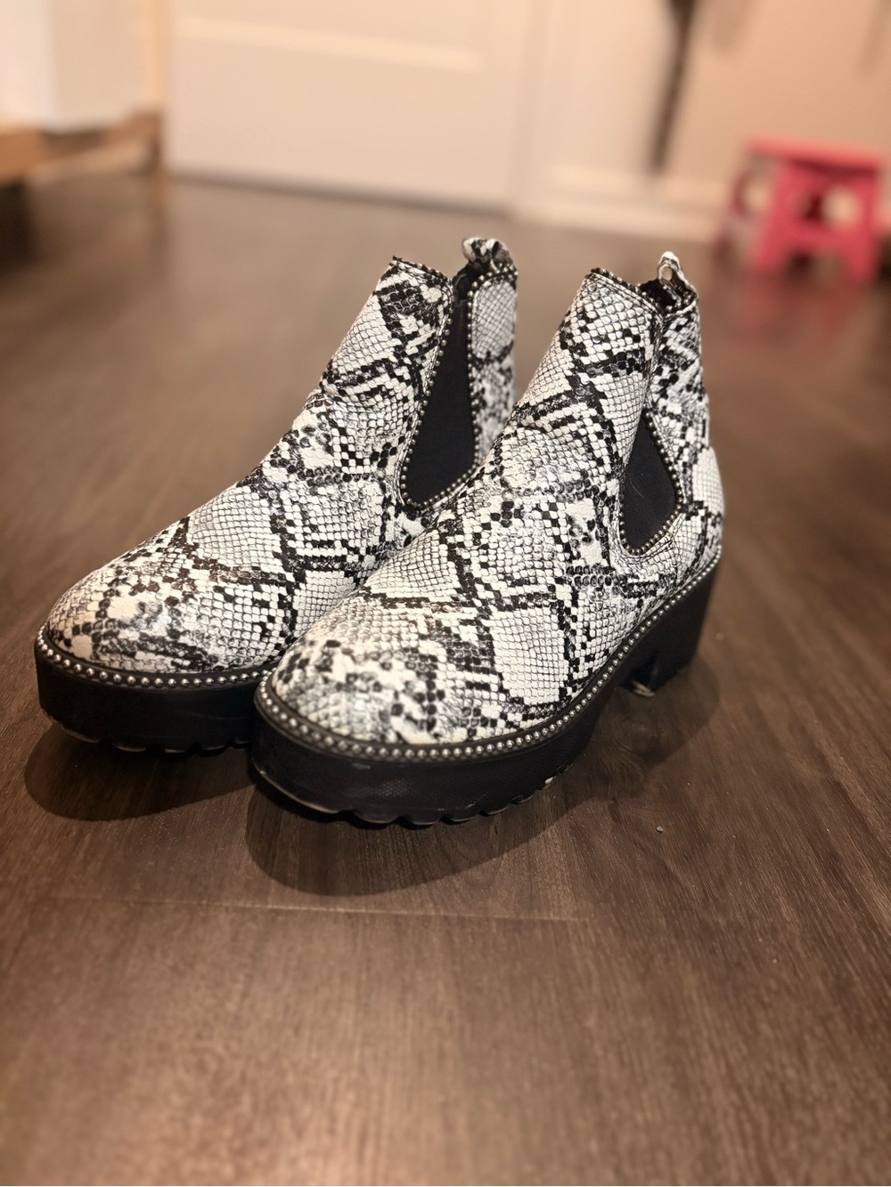Snake-Print Chelsea Platform Booties in Black & White